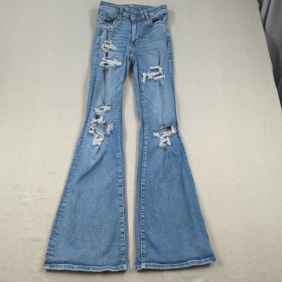American Eagle Outfitters Denim - American Eagle Jeans Women 2 Blue Long Super High Rise Flare Stretch Boho Hippie